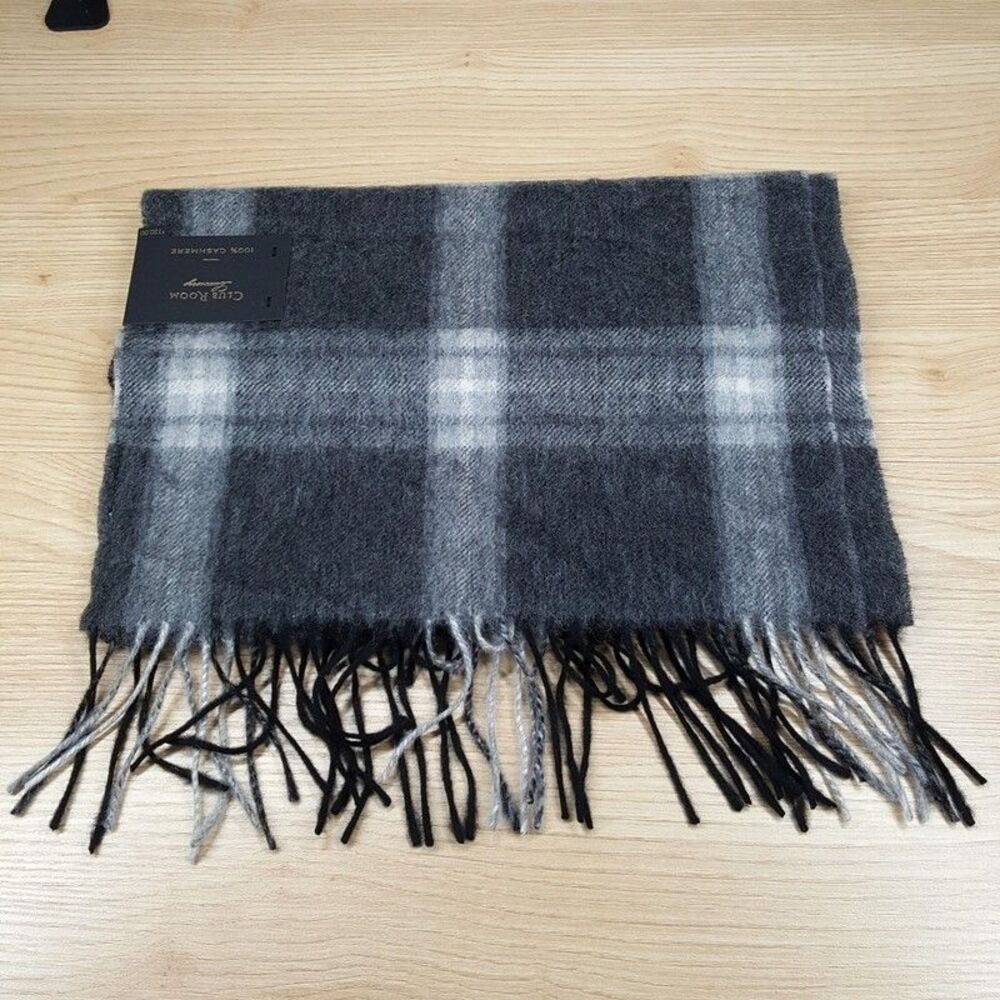 CLUB ROOM Mens Scarf Black Gray Plaid 100% Cashmere Fringe Rectangle 64x12